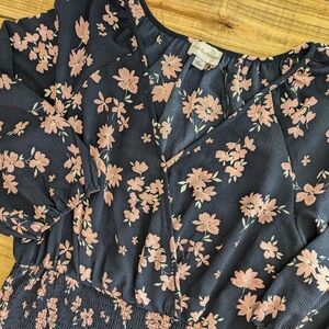 Premier Amour Mini Dress Womens 14 Navy Blush Floral Ruched Elastic Ruffle Party